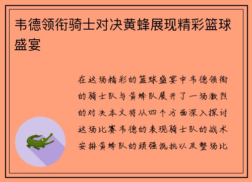 韦德领衔骑士对决黄蜂展现精彩篮球盛宴